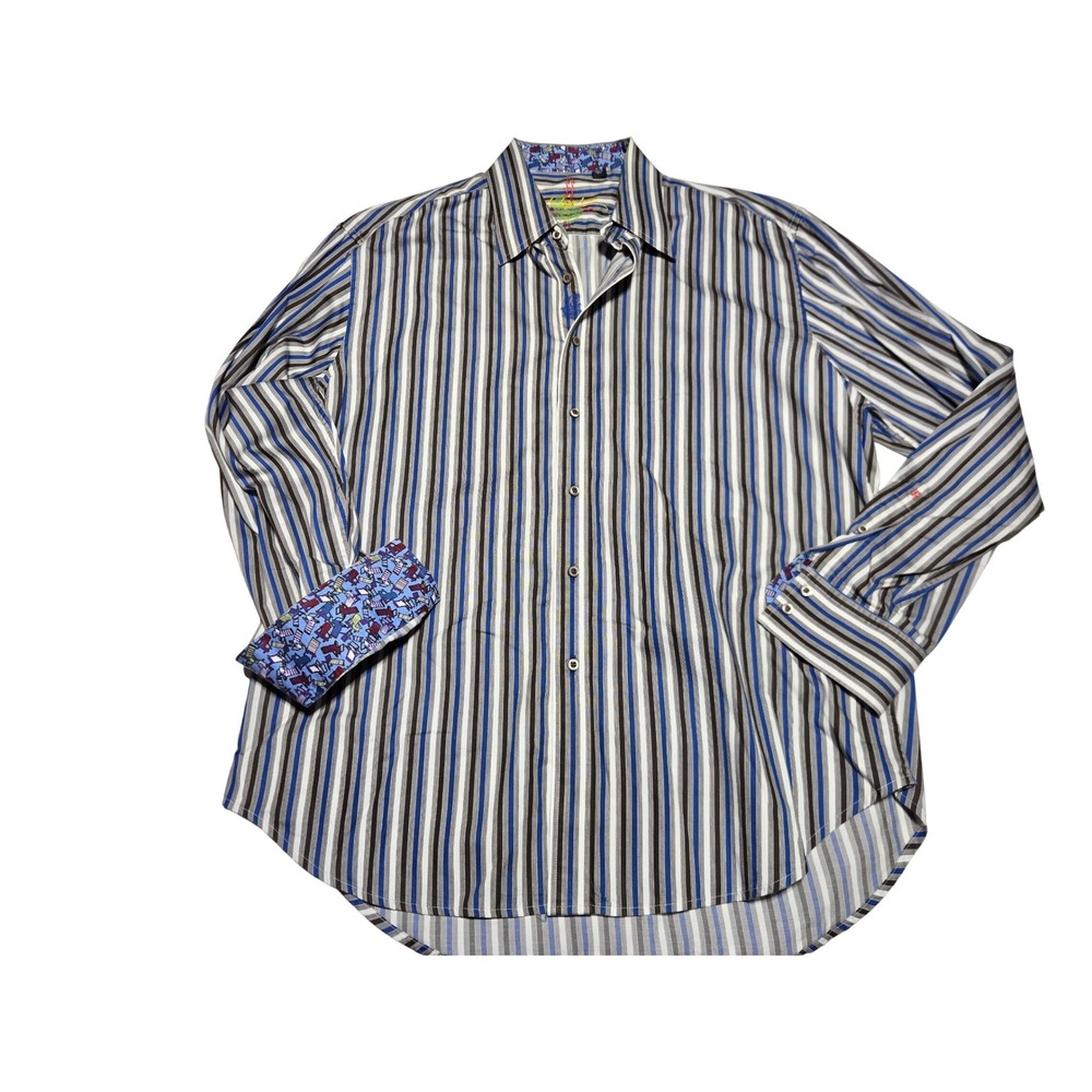 Robert Graham Blue Brown Stripe Button Up Shirt Men's XL Statement‎